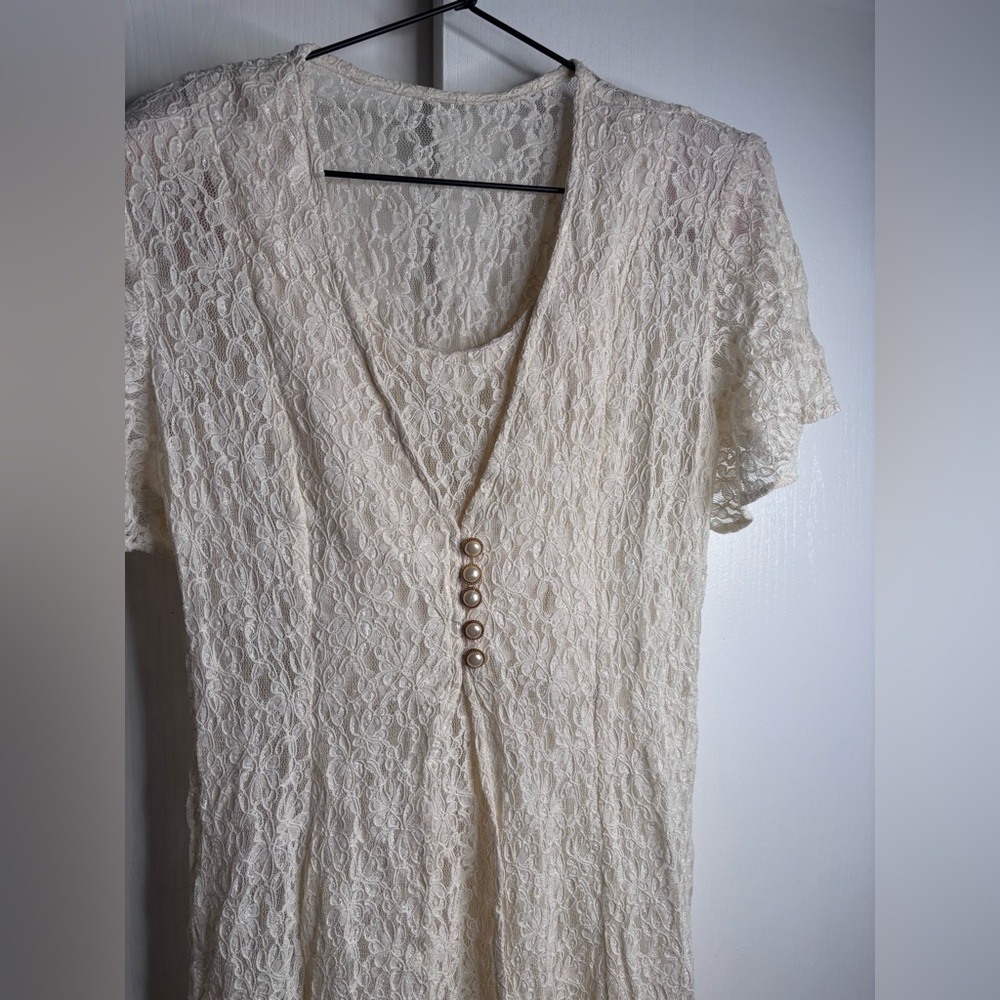 Vintage 90s Ivory Lace Midi Dress Pearl Buttons Cottagecore XL - Picture 3 of 9